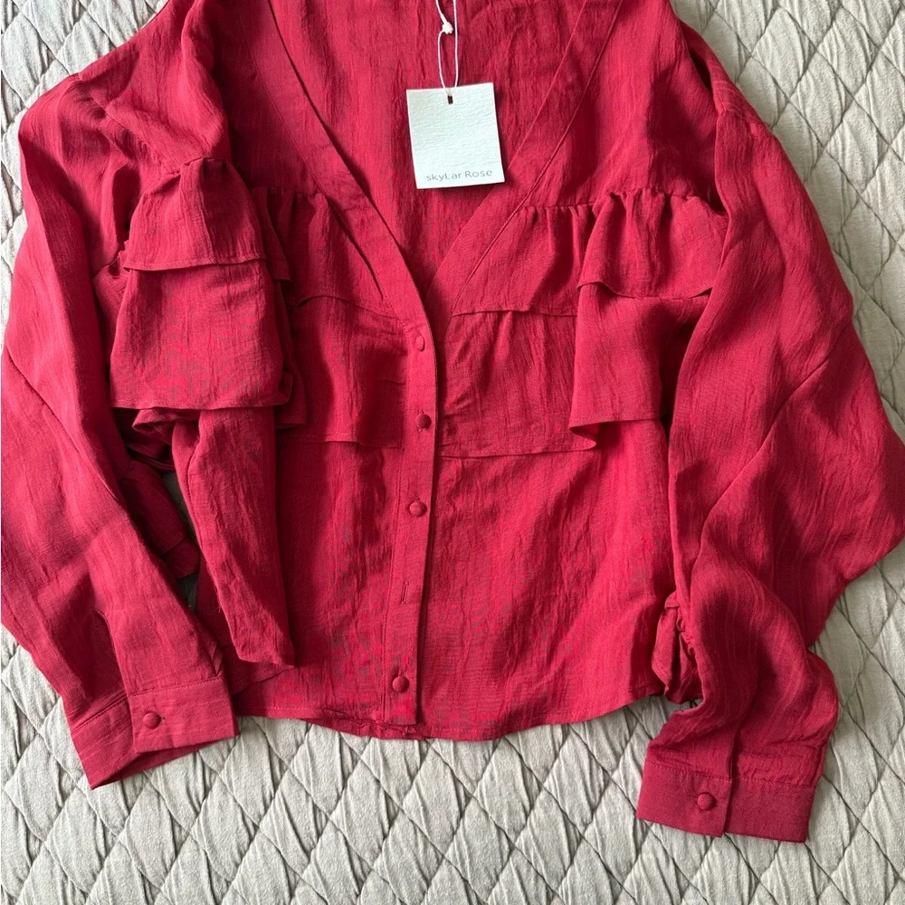 Red Ruffled V-Neck Blouse - Picture 3 of 4